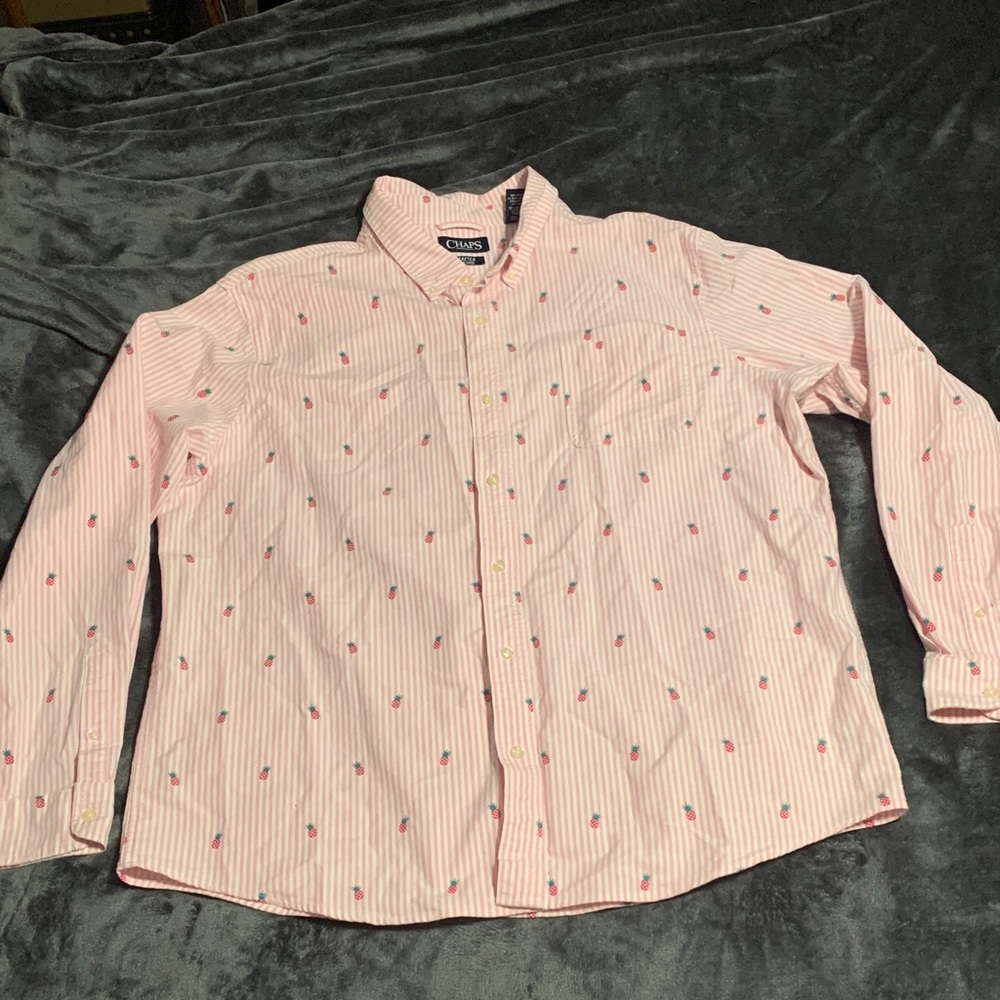 Chaps - Women Pink Stripe Button-Down with Small Embroidered Motifs 🍍(XXL)